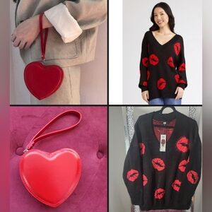 Black V-Neck Sweater with Red Lip Print